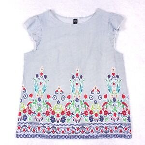 Emery Rose Blouse XL Blue White Stripe Multicolor Embroidered Boho Top